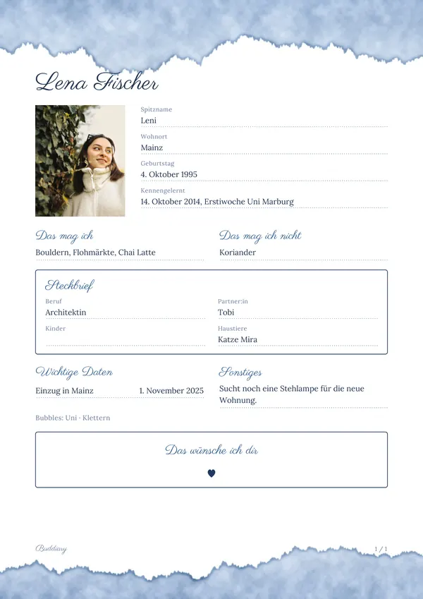 Freundebuch-Seite der erfundenen Lena im Layout Himmel