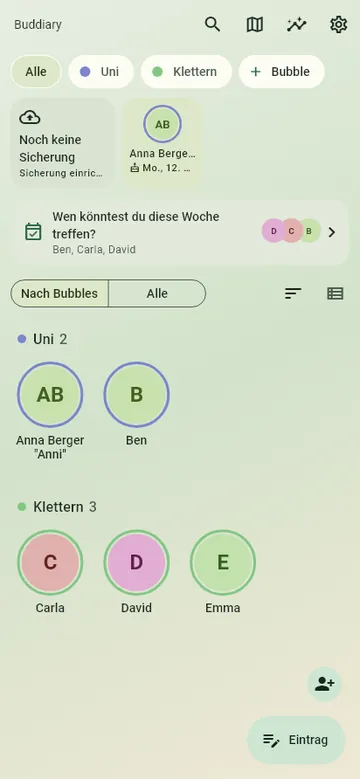 Startseite von Buddiary im Farbthema Forest